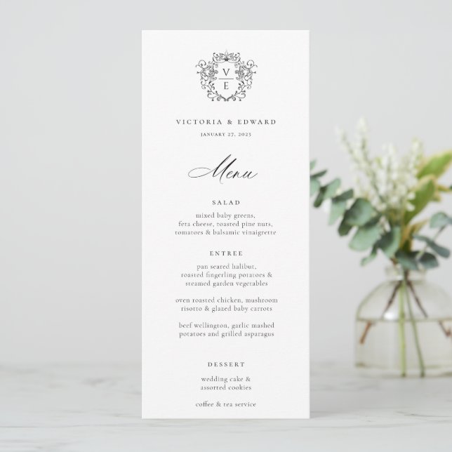 Regency Era Black Wappen Monogram Wedding Menu Einladung (Stehend Vorderseite)
