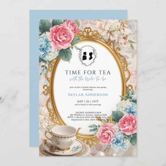 Regency Floral Tea Party bridal shower  Einladung (Vorne/Hinten)