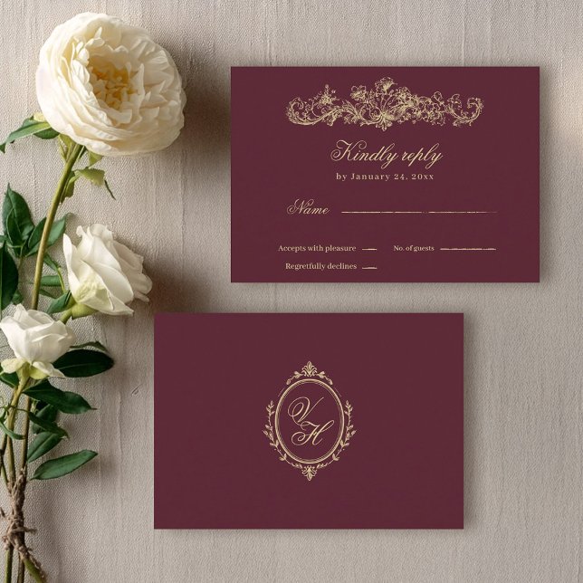 Regency Garden Vintage Romantic Burgundy Wedding RSVP Karte (Von Creator hochgeladen)