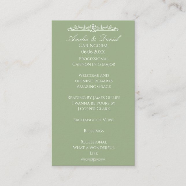 Regency Green Hochzeitszeremonie-Programm Begleitkarte (Vorderseite)