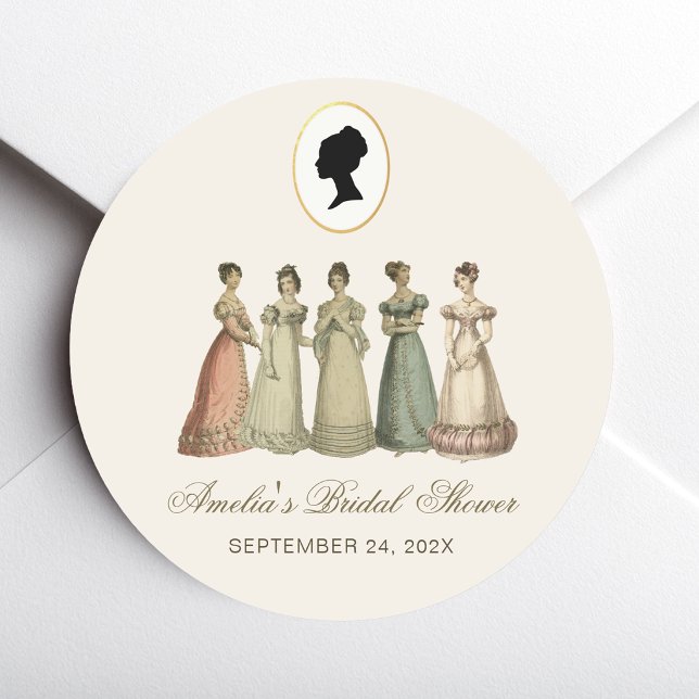 Regency Ladies Bridal Shower Vintage Silhouette Runder Aufkleber (Von Creator hochgeladen)