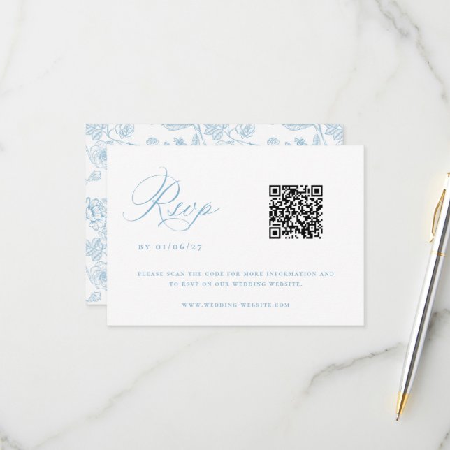 Regency Light Blue Chinoiserie Wedding QR Code RSVP Karte (Vorderseite/Rückseite Beispiel)