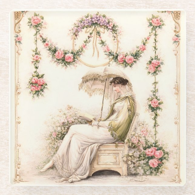 Regency-Rosengarten Lesende Dame Glasuntersetzer (Vorderseite)