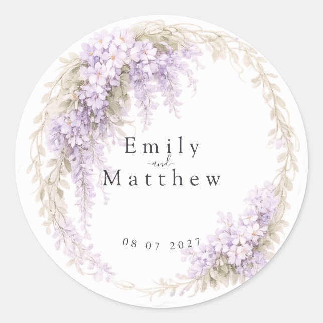 Regency Wisteria Round Wedding Stickers (Vorderseite)