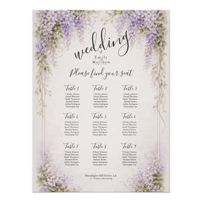 Regency Wisteria Wedding Seating Chart Poster (Vorderseite)