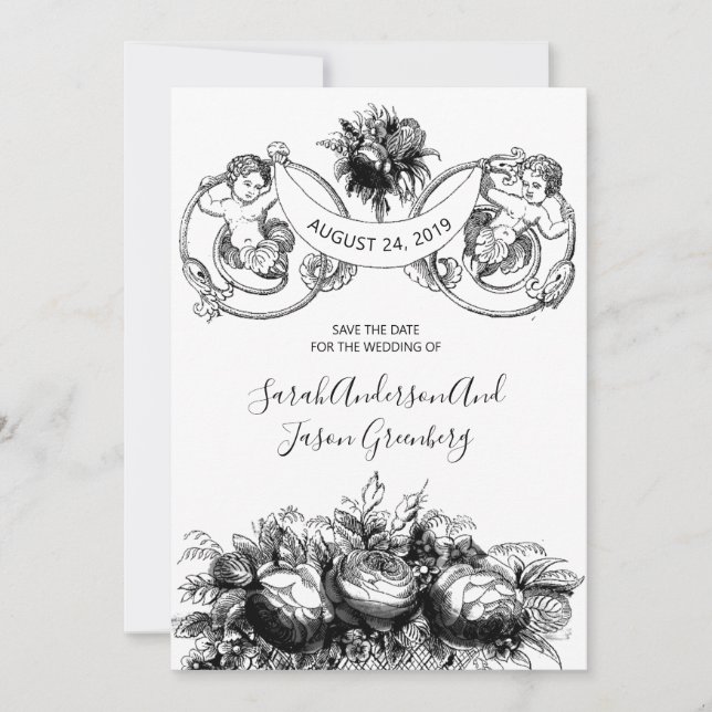 Regencycore Schwarz Weiß Stift Tinte Wasch Blumen  Save The Date (Vorderseite)
