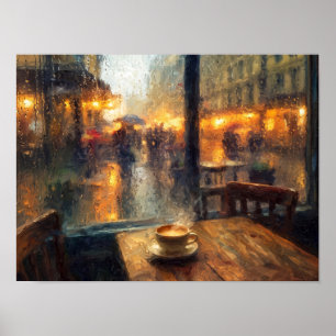 Regenfenster im Café mit Kaffeetassenmalerei Poster