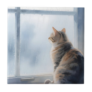 Regenfenster-Wasserfarben-Tabbykatze Fliese