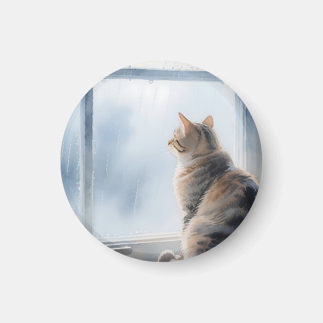 Regenfenster-Wasserfarben-Tabbykatze Magnet (Vorne)