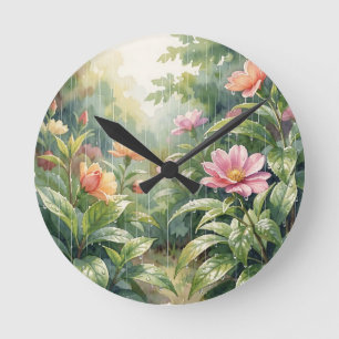 Regengarten-Kameliendruck Wasserfarben Runde Wanduhr