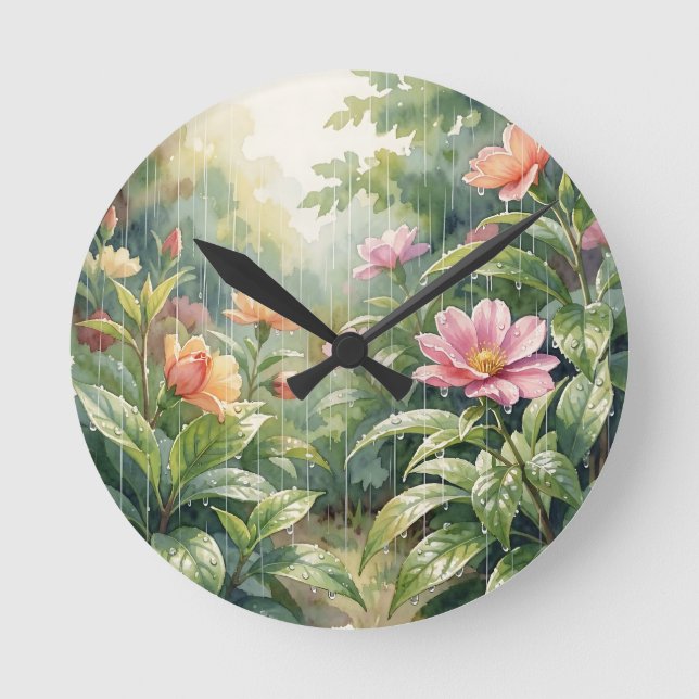 Regengarten-Kameliendruck Wasserfarben Runde Wanduhr (Vorderseite)