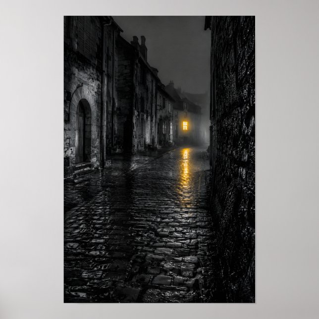 Regennasse Kopfsteinpflasterstraße Poster (Vorne)