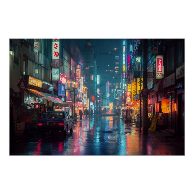 Regennasse Neon-Tokio-Gasse Poster (Vorderseite)
