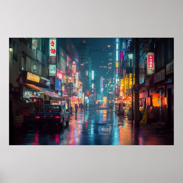 Regennasse Neon-Tokio-Gasse Poster (Vorne)