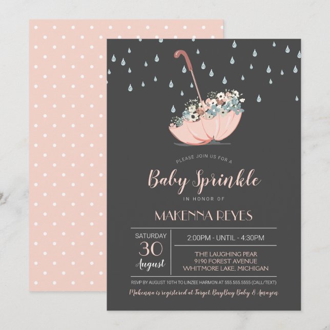 Regenschirm mit Blumen Mädchen oder Zwillings-Baby Einladung (Vorne/Hinten)