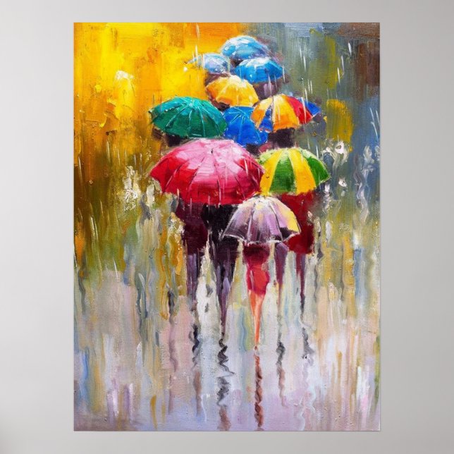 Regenschirme in der Regenmalerei Art Print Poster (Vorne)