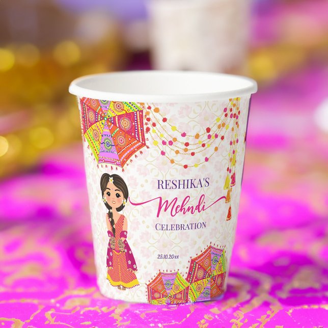Regenschirme niedlicher indischer Braut aus Mehndi Pappbecher (Mehndi table decor personalized printed paper cups cute Indian bride umbrellas Henna Paper Cups)