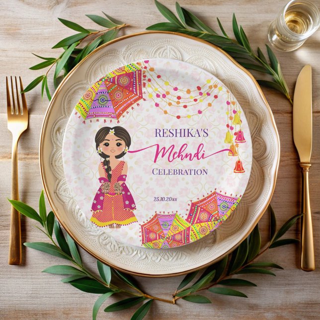 Regenschirme niedlicher indischer Braut aus Mehndi Pappteller (Mehndi cute Indian bride umbrellas personalized Paper Plates Indian wedding mehndi table decor)