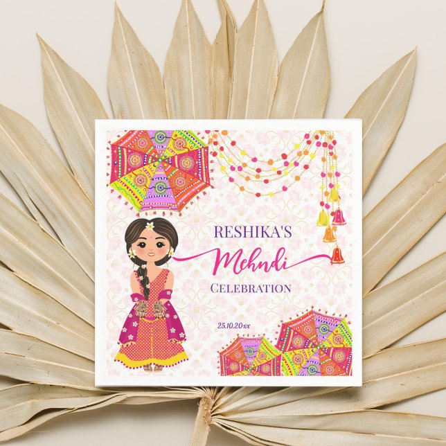 Regenschirme niedlicher indischer Braut aus Mehndi Serviette (Mehndi napkins cute Indian henna bride Indian decor umbrellas pom bells garlands mehndi tableware)