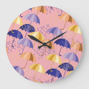 Regenschirme, Tropfen, buntes nahtloses Motiv. Große Wanduhr