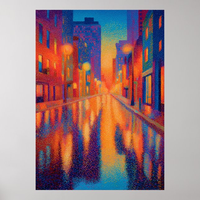 Regenstadt-Straßen-Pointillismus-Lichter Poster (Vorne)