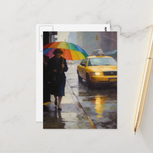 Regentag-Abstrakt Frau Ein Regenbogen-Schirm Taxi Postkarte