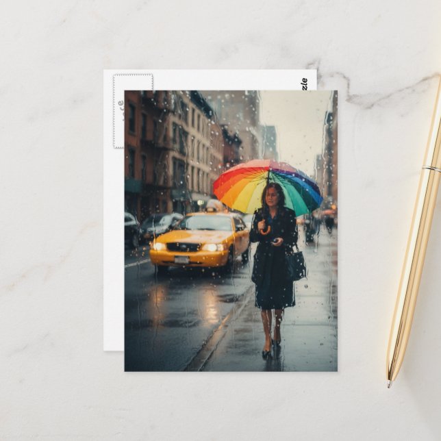 Regentag-Abstrakt Frau mit Regenschirm Postkarte (Vorderseite/Rückseite Beispiel)