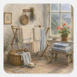 Regentag-Cottage-Wäscheraum Quadratischer Aufkleber