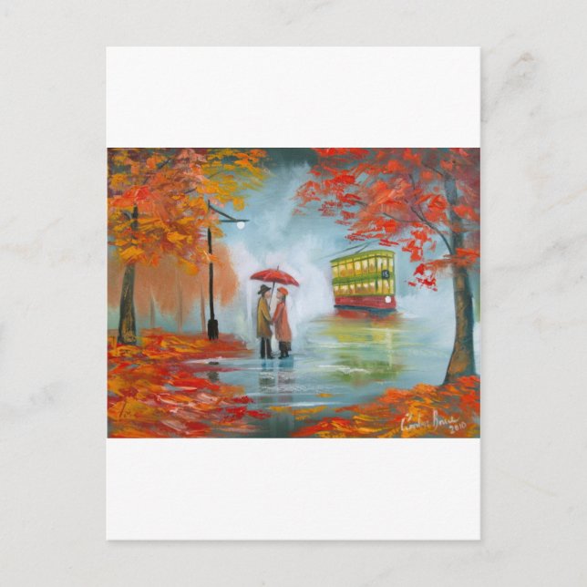 Regentag Herbst Rote Dachbahn Malerei Postkarte (Vorderseite)