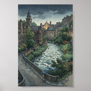 Regentag in Dean Village Japanischer Holzschnitt Poster