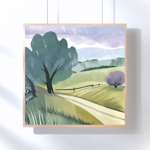 Regentag   Natur Aquarell Hügel Landschaft  Poster