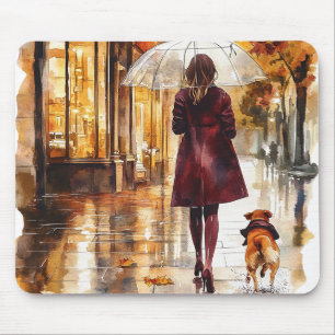 Regentag Spaziergang Mädchen Hund Burgunderjacke S Mousepad