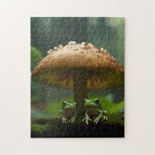 Regentagszuflucht: Frösche unter einem Pilz Puzzle