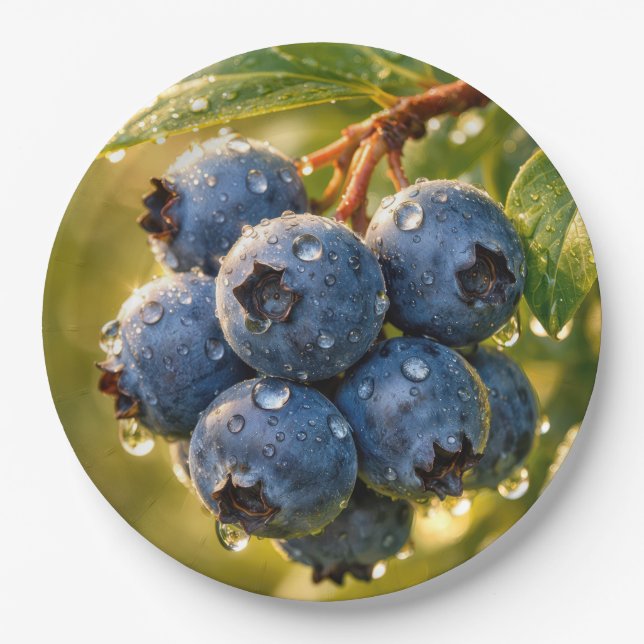 Regentropfen auf reifen Blaubeeren Pappteller (Vorderseite)