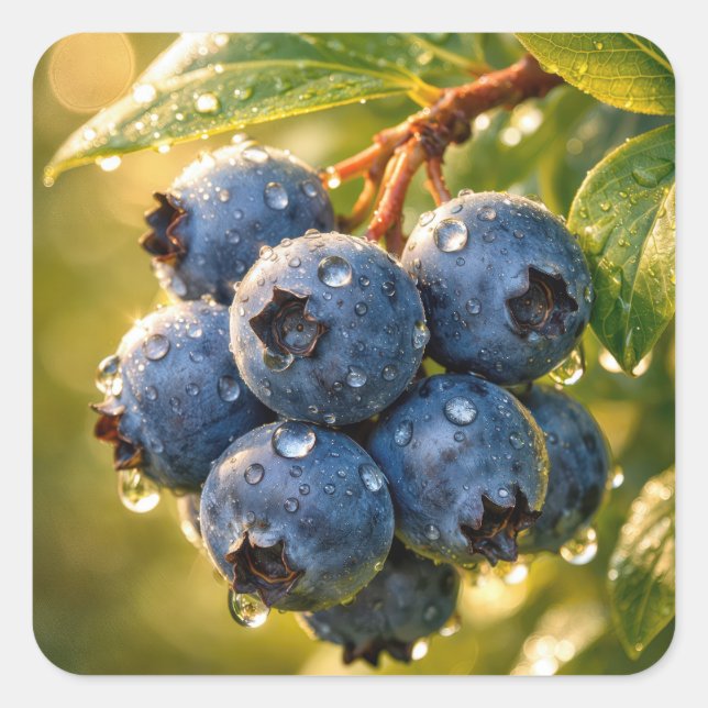 Regentropfen auf reifen Blaubeeren Quadratischer Aufkleber (Vorderseite)