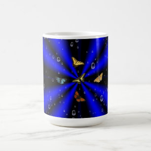 Regentropfen und Schmetterling auf schwarz und bla Kaffeetasse
