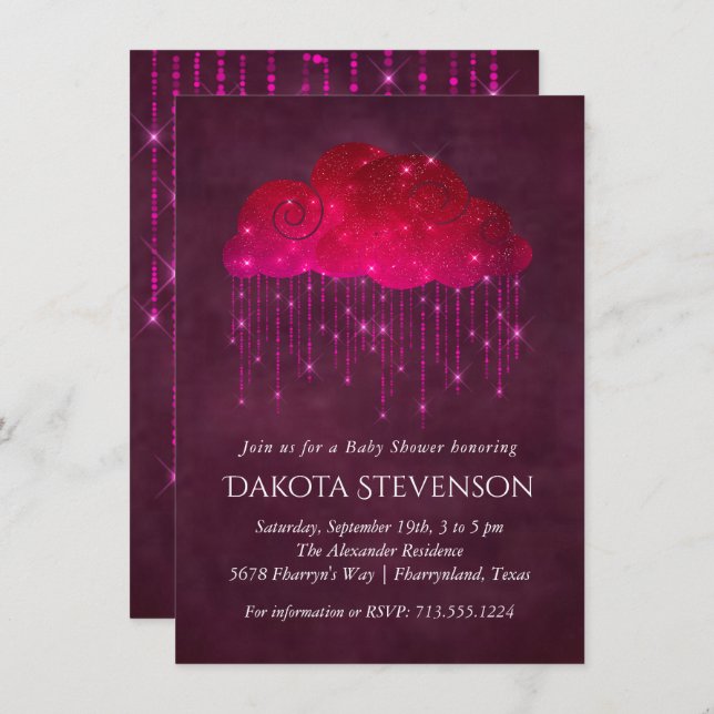 Regenwolken | Dark Pink Babydusche Einladung (Vorne/Hinten)