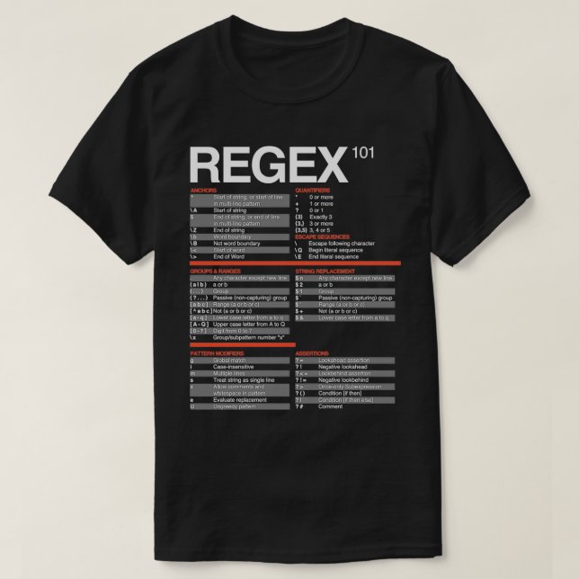 Regex Cheatsheet Reguläre Ausdrücke 101 Computer T-Shirt (Design vorne)
