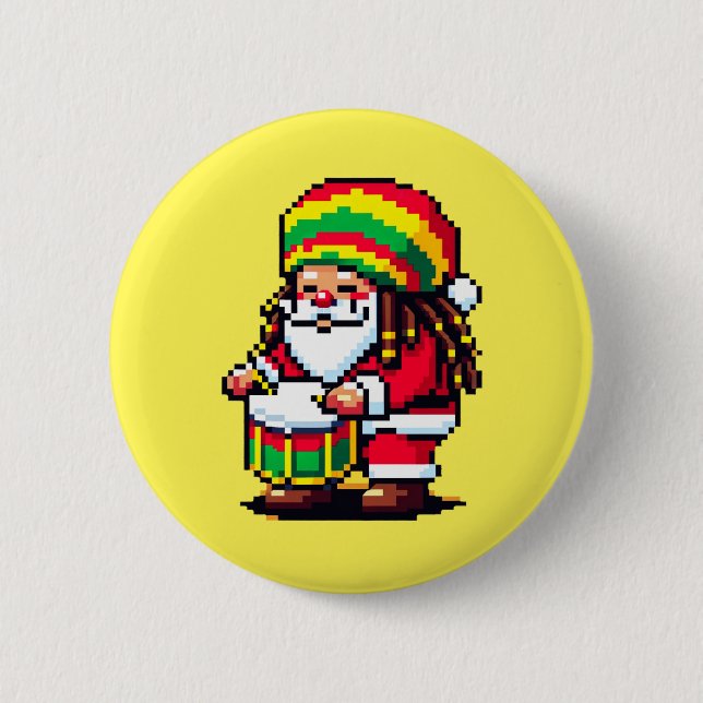 Reggae Santa Drummer Fun Pixel Art Weihnachtsmusik Button (Vorderseite)