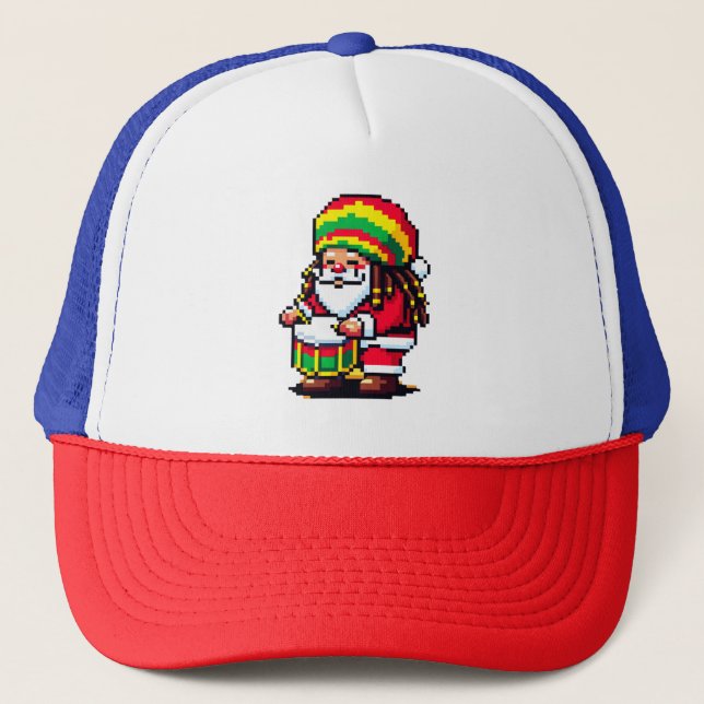 Reggae Santa Drummer Fun Pixel Art Weihnachtsmusik Truckerkappe (Vorderseite)