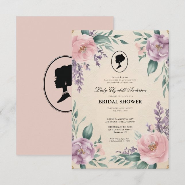 Regimezeit Florals Bridgerton Brautparty Invit Einladung (Vorne/Hinten)