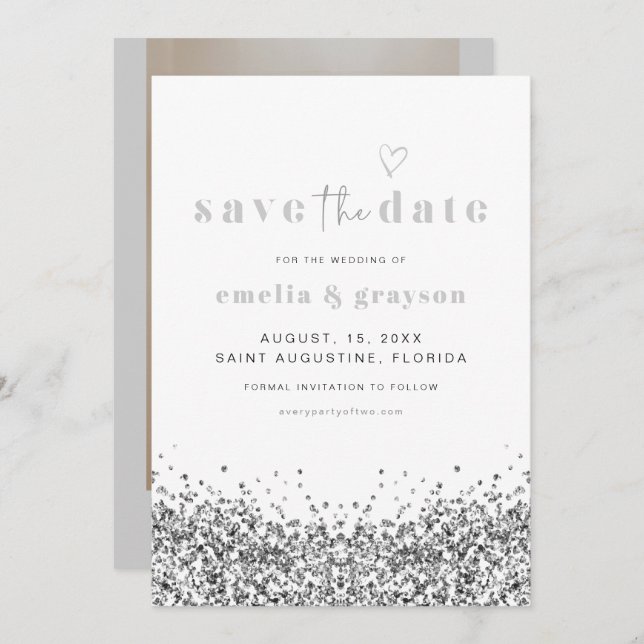 REGINA Silver Sequins Glitzer Save the Date Einladung (Vorne/Hinten)