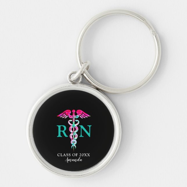Registered Nurse Medical Pink Teal Caduceus Schlüsselanhänger (Vorne)