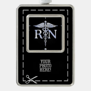 Registered Nurse RN Caduceus Schlangen auf schwarz Rahmen-Ornament Silber