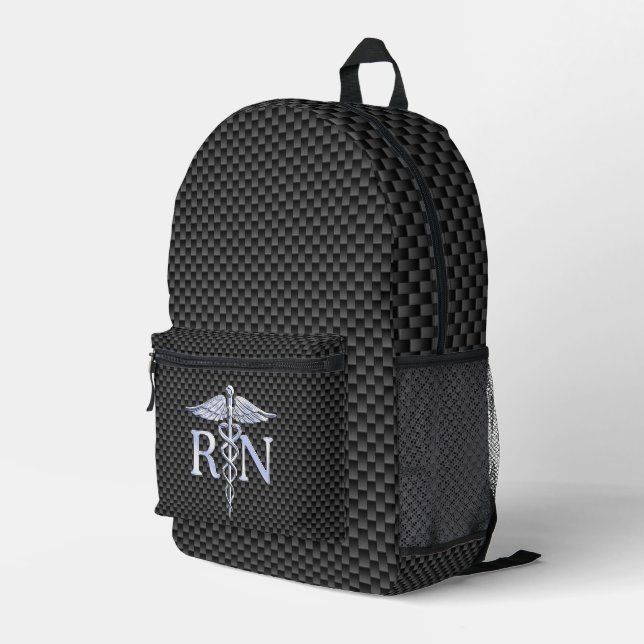 Registered Nurse RN Caduceus Snakes Black Carbon Bedruckter Rucksack (Rückseitige Ecke Rechts)
