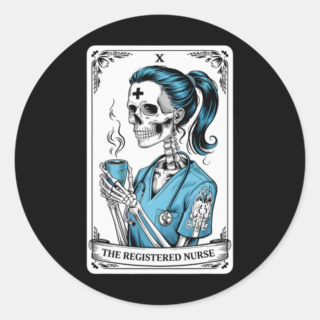 Registered Nurse Tarot Card Skeleton Nurse Hallowo Runder Aufkleber (Vorderseite)
