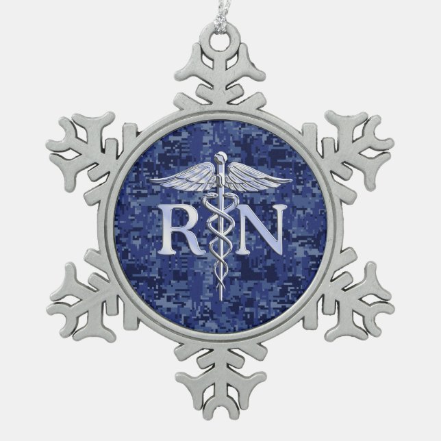 Registriert Krankenschwester RN Silver Caduceus au Schneeflocken Zinn-Ornament (Vorderseite)