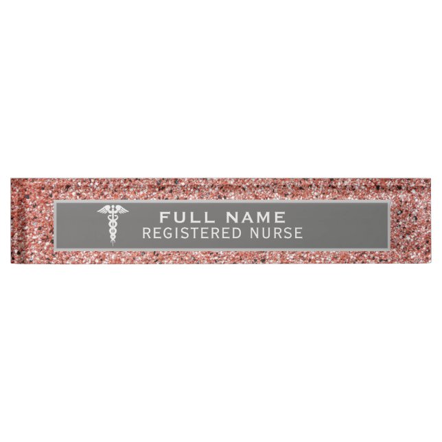 Registriert Nurse Caduceus Rose Gold Glitzer Namensplakette (Vorderseite)