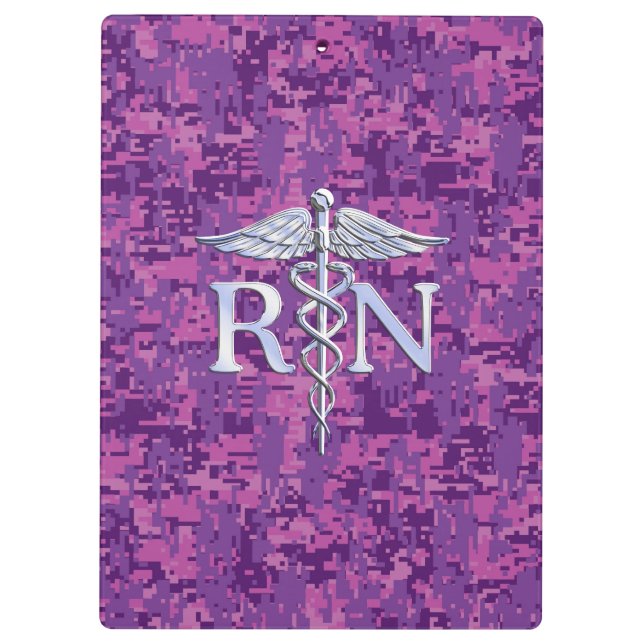 Registriert Nurse RN Caduceus auf Fuchsia Camoufla Klemmbrett (Rückseite)