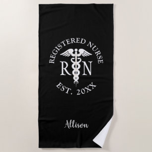 Registriert Nurse RN Caduceus Black Personalisiert Strandtuch